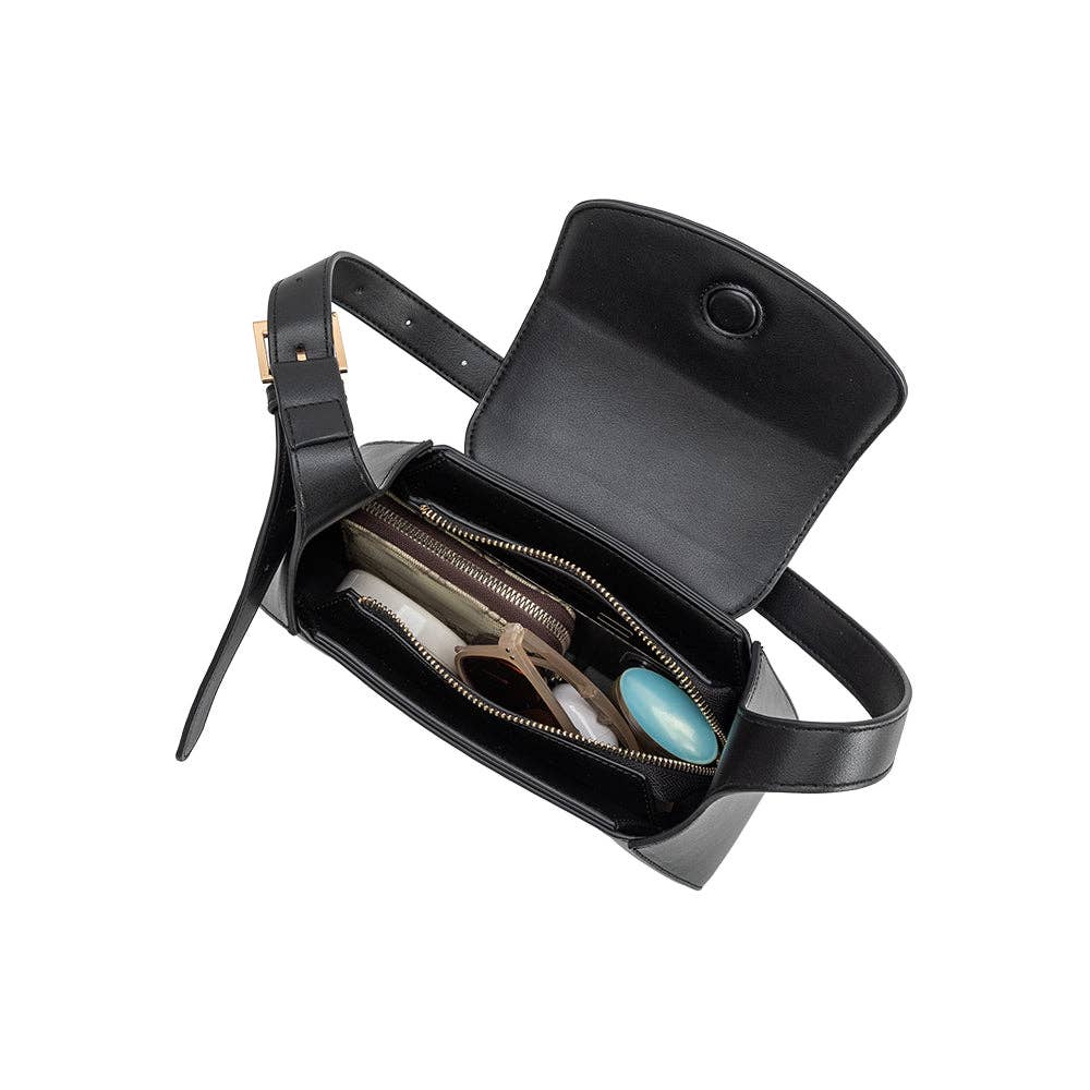 Black handbag with a strap, sunglasses, and a turquoise object on a white background, Melody BlackShoulder Bag, Melie Bianco