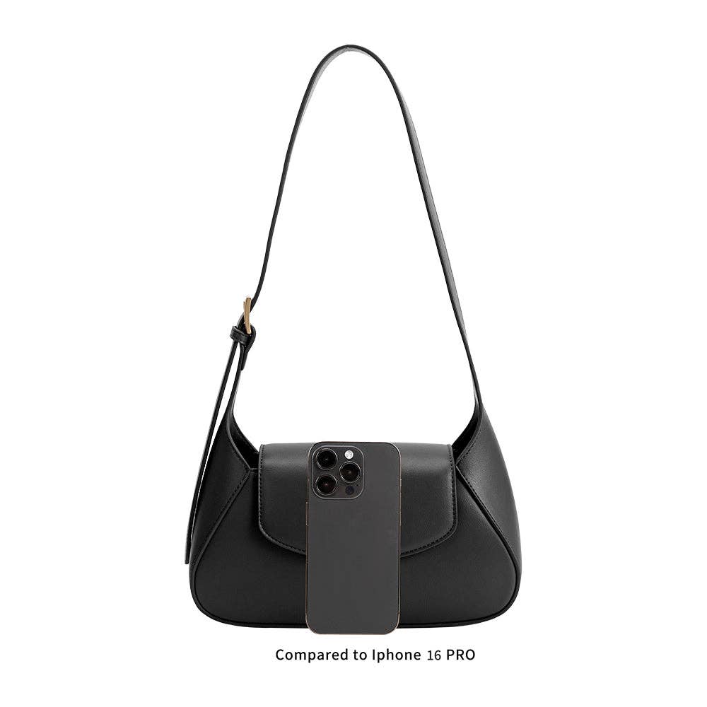 Black handbag with a phone case attached on a white background, Melody Burgundy Shoulder Bag, Melie Bianco