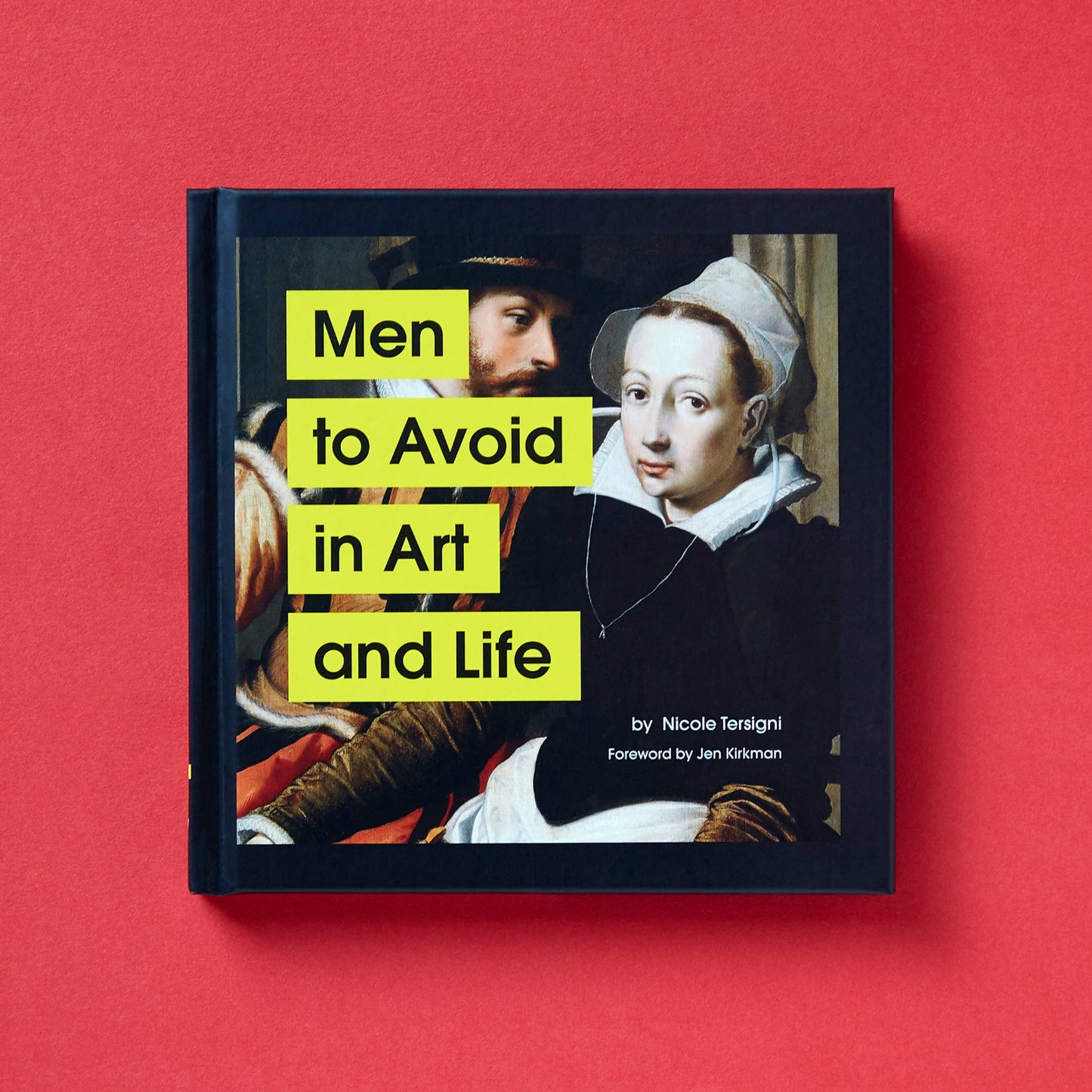 Book cover with classical painting of a couple on a red background