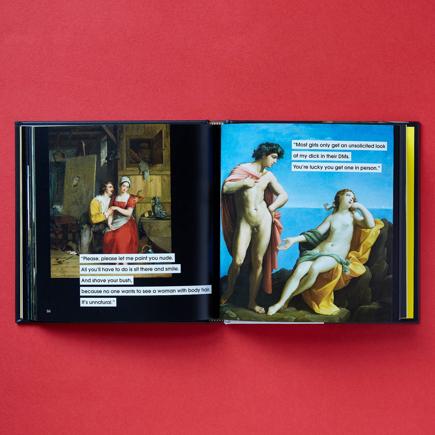 Open book with classical painting and modern text on a red background