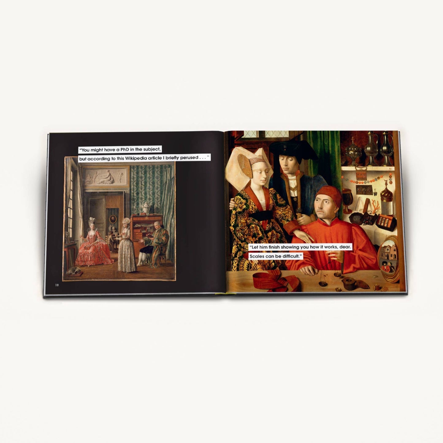 Open book showing two classical paintings with text labels on a white background