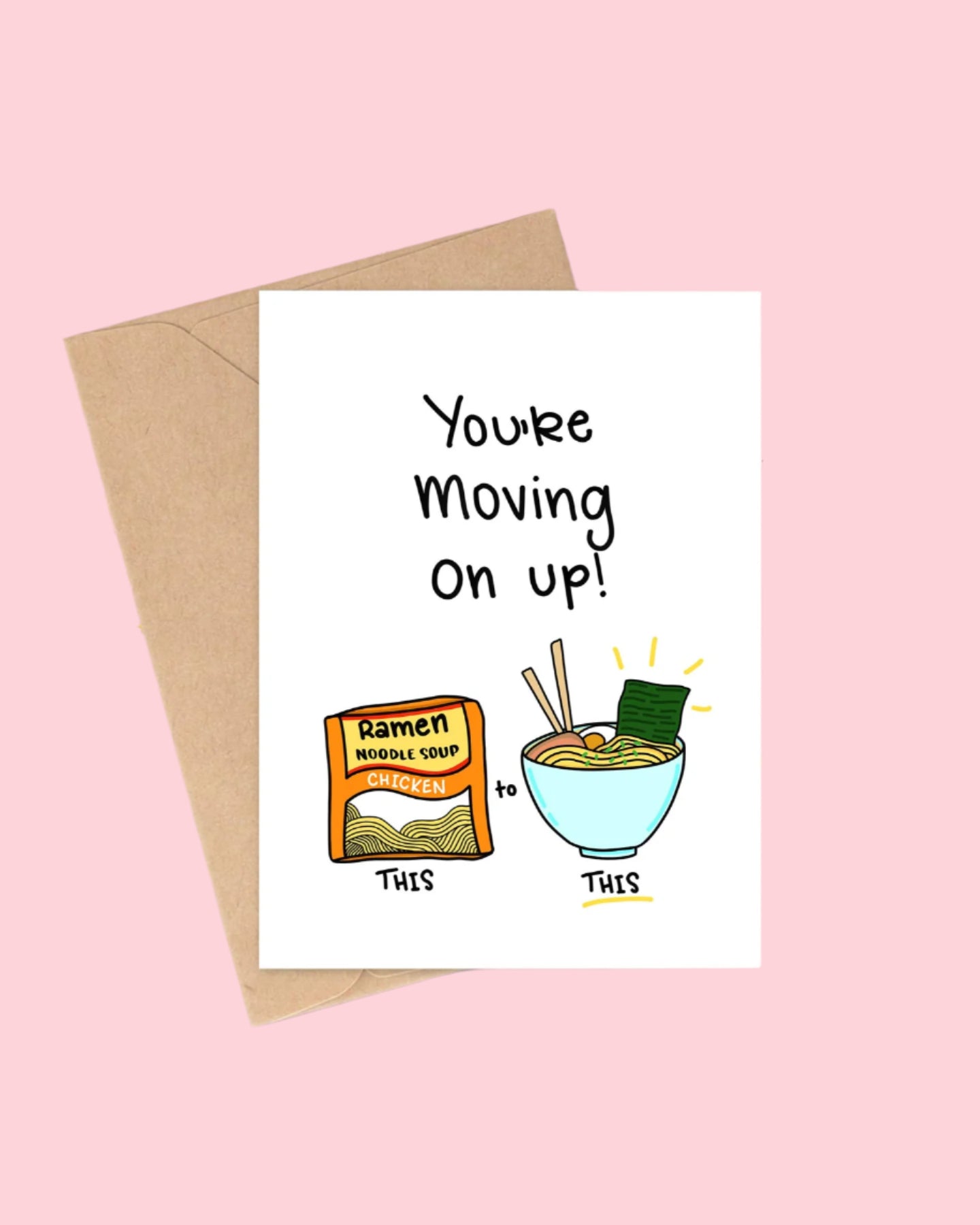 Greeting card with ramen illustration and text on a pink background with gold stars