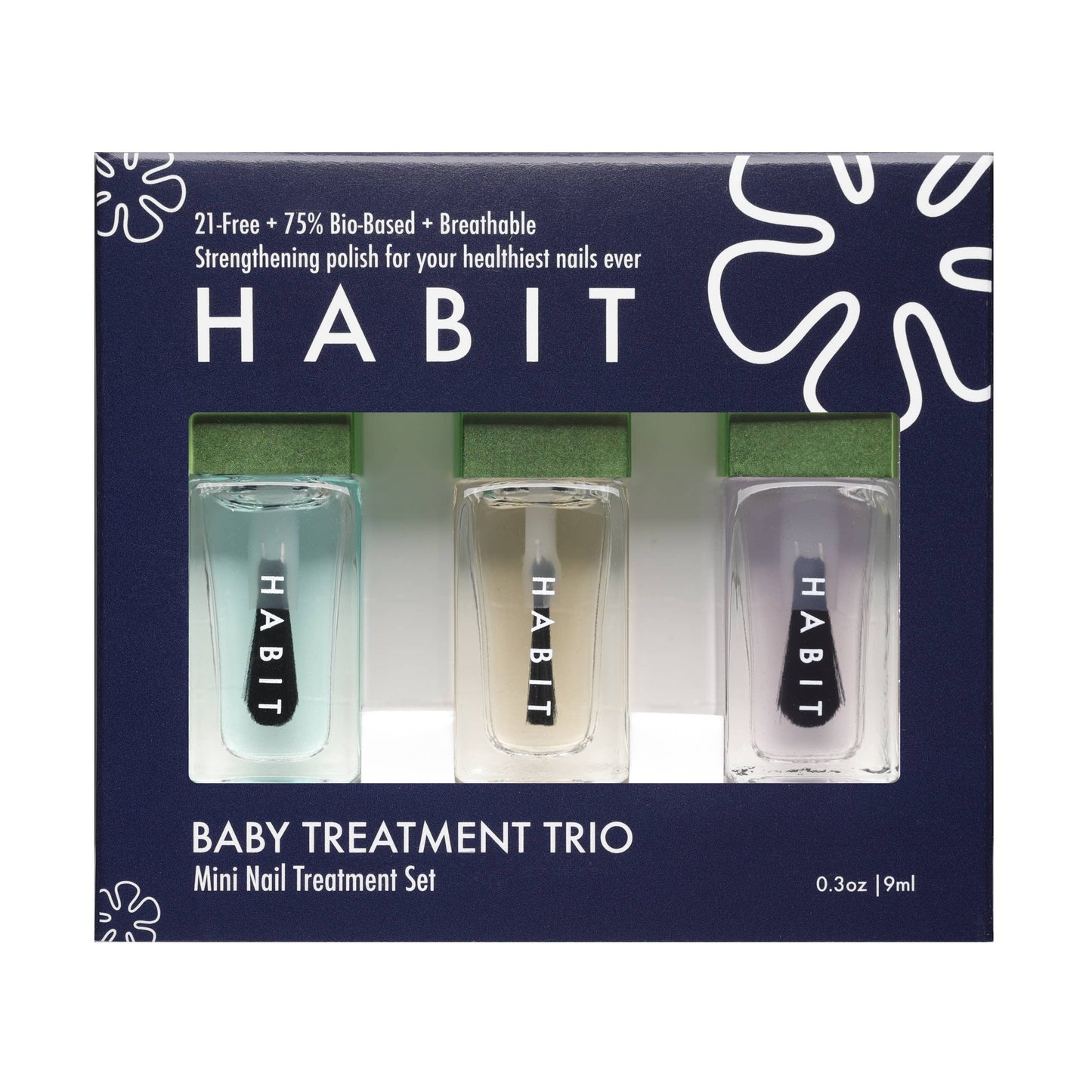 Habit Baby Treatment Trio mini nail treatment set packaging with three bottles on a blue background.