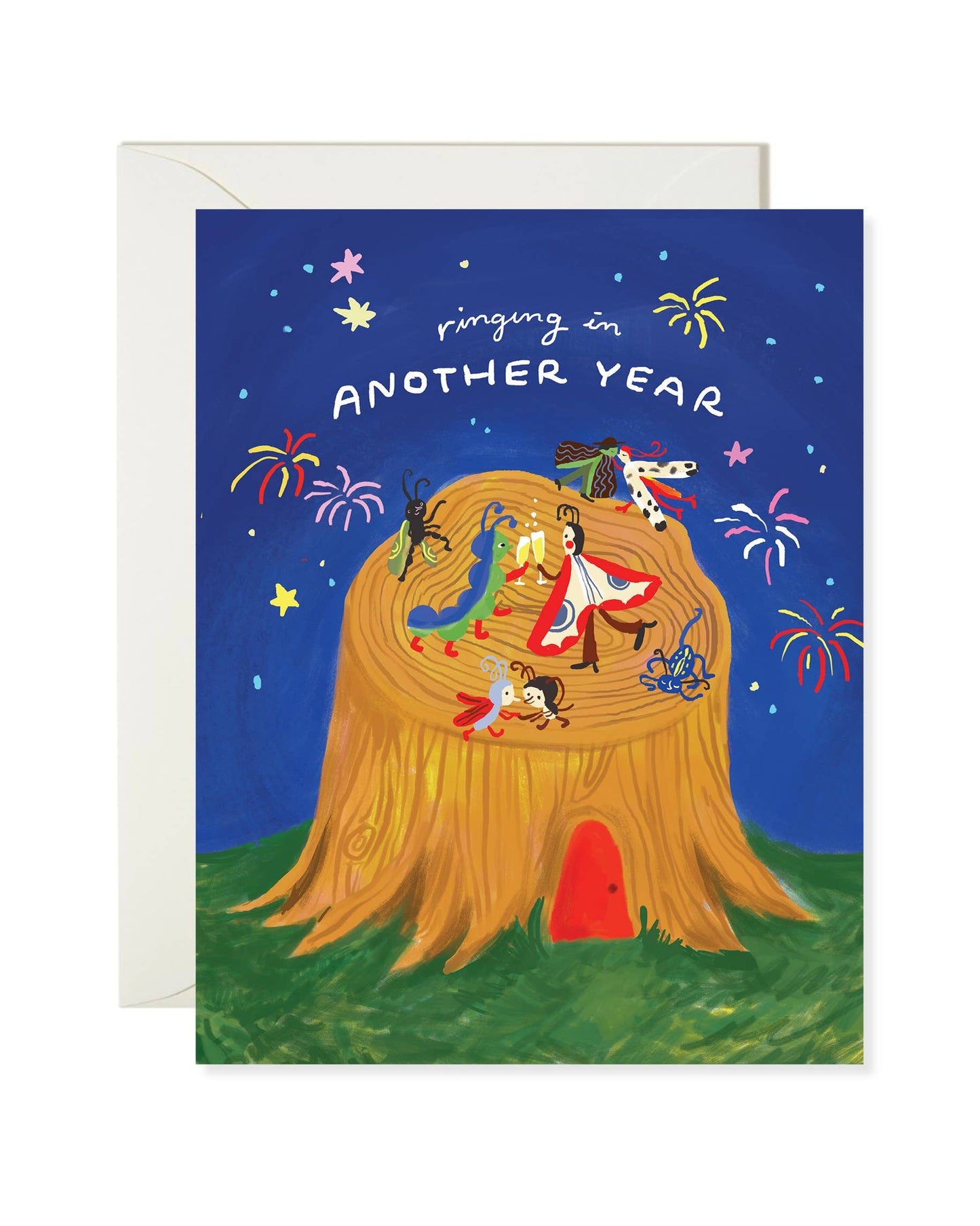 Greeting card with a treehouse illustration and 'ringing in another year' text on a blue background.