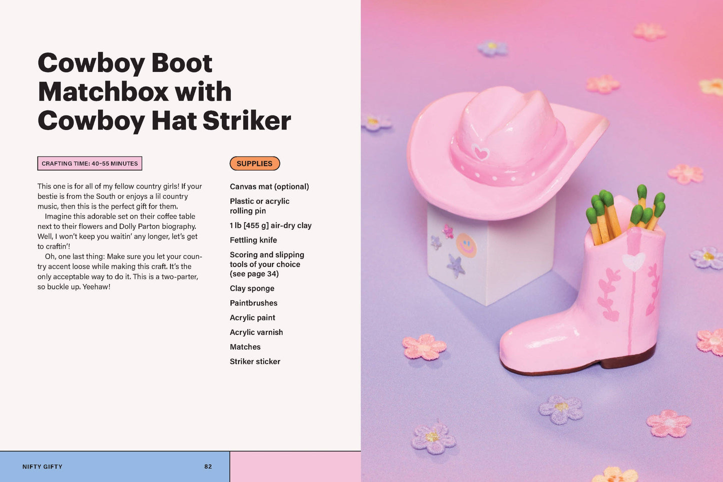 Pink cowboy boot matchbox with cowboy hat striker on a colorful background, Nifty Gifty Book: Mini Crafts with Major Charm