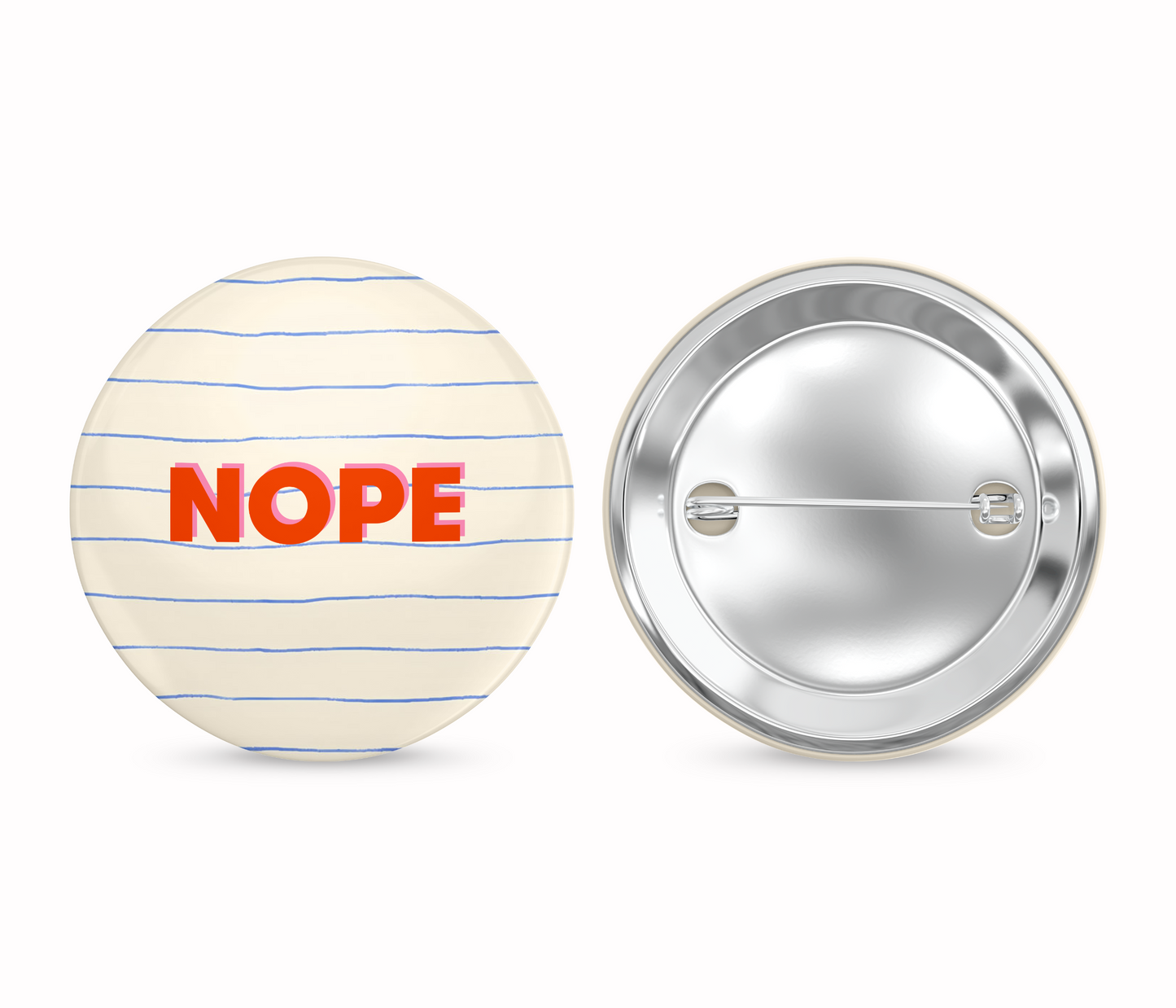 Button badge with 'NOPE' text on a striped background