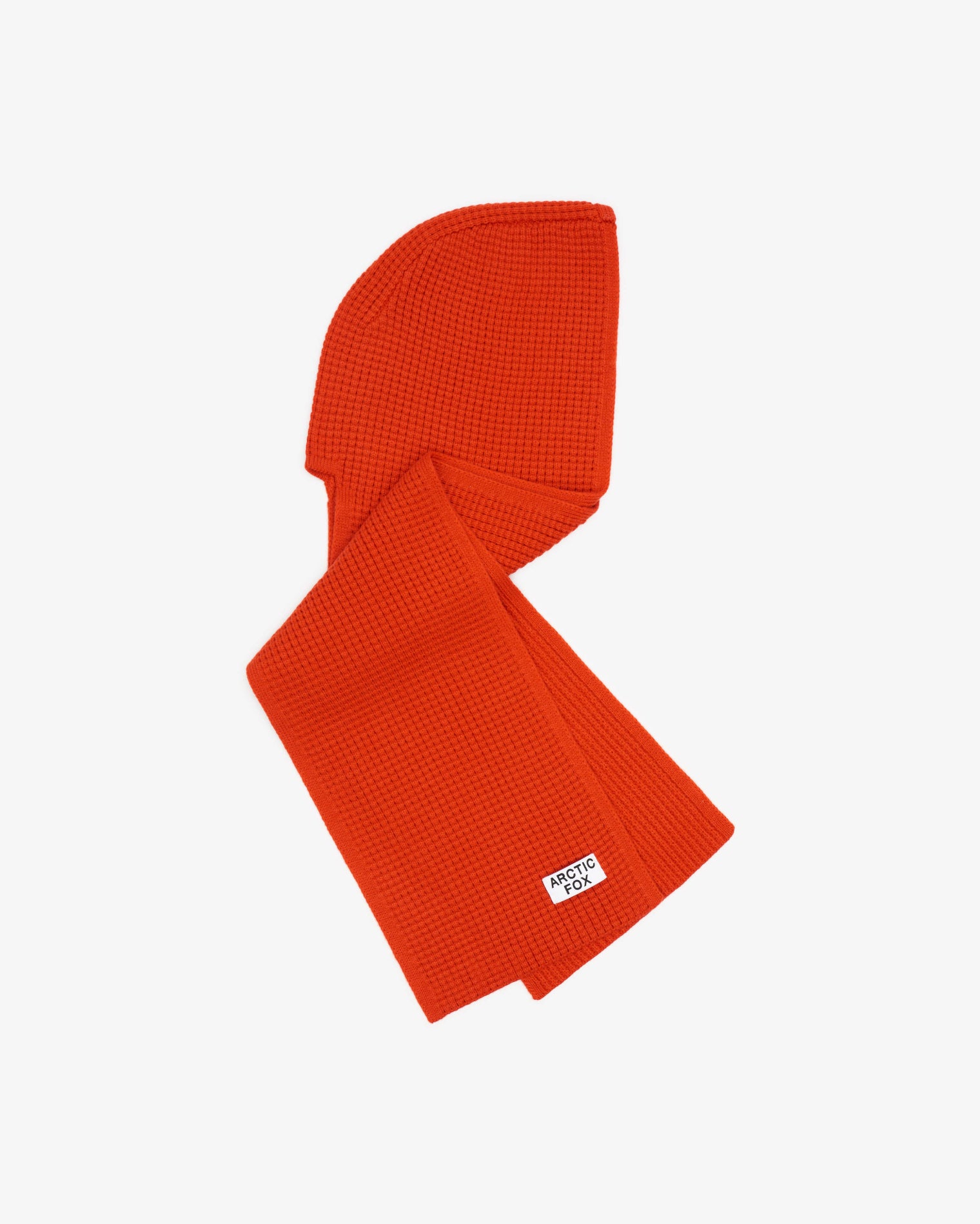 Orange knit scarf with a small logo on a white background, Orange Recycled Bottle Hooded Scarf