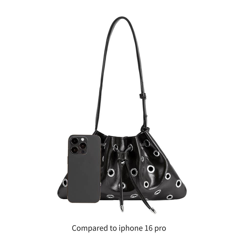 Black handbag with drawstring and smartphone on a white background