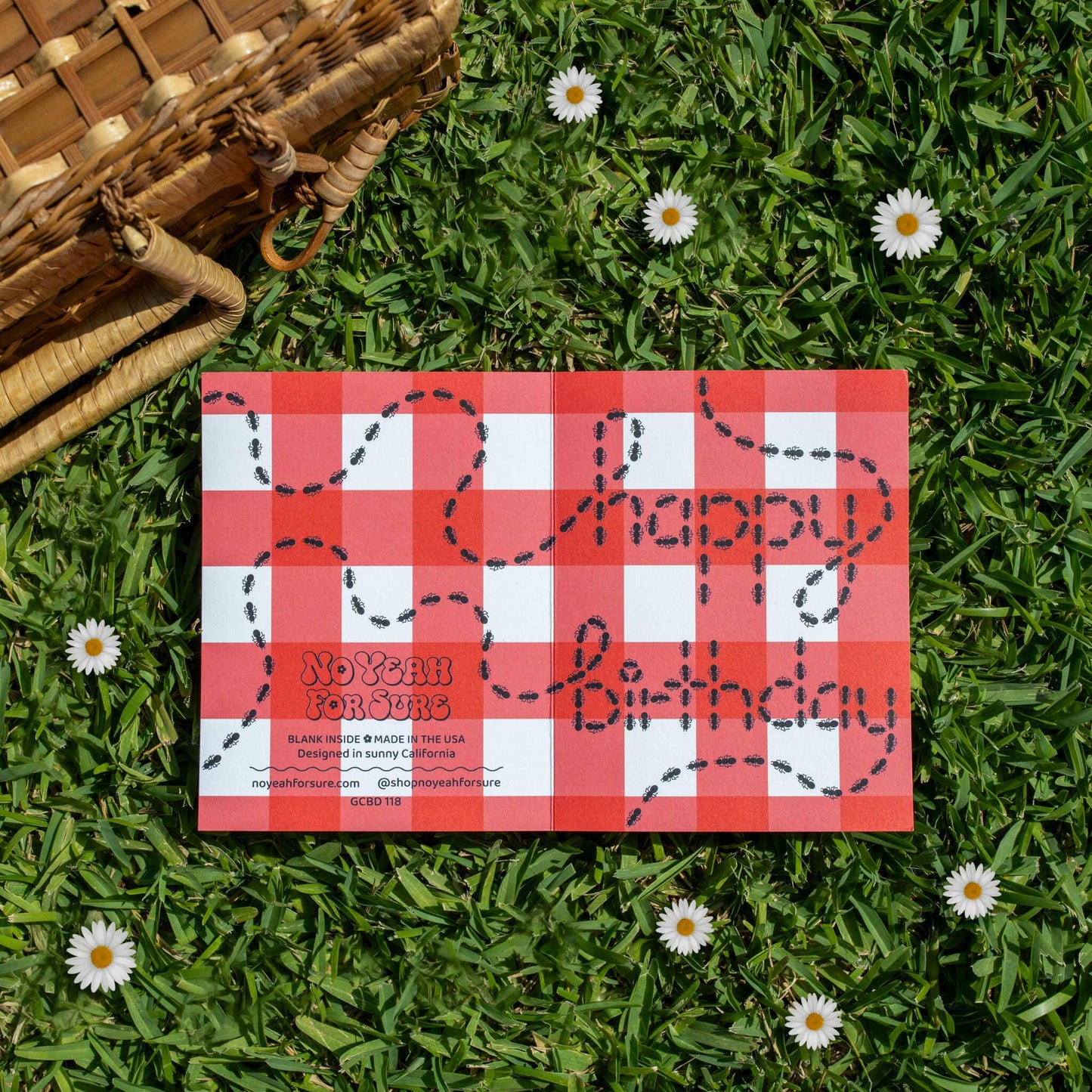 Red and white checkered birthday card on grass with flowers