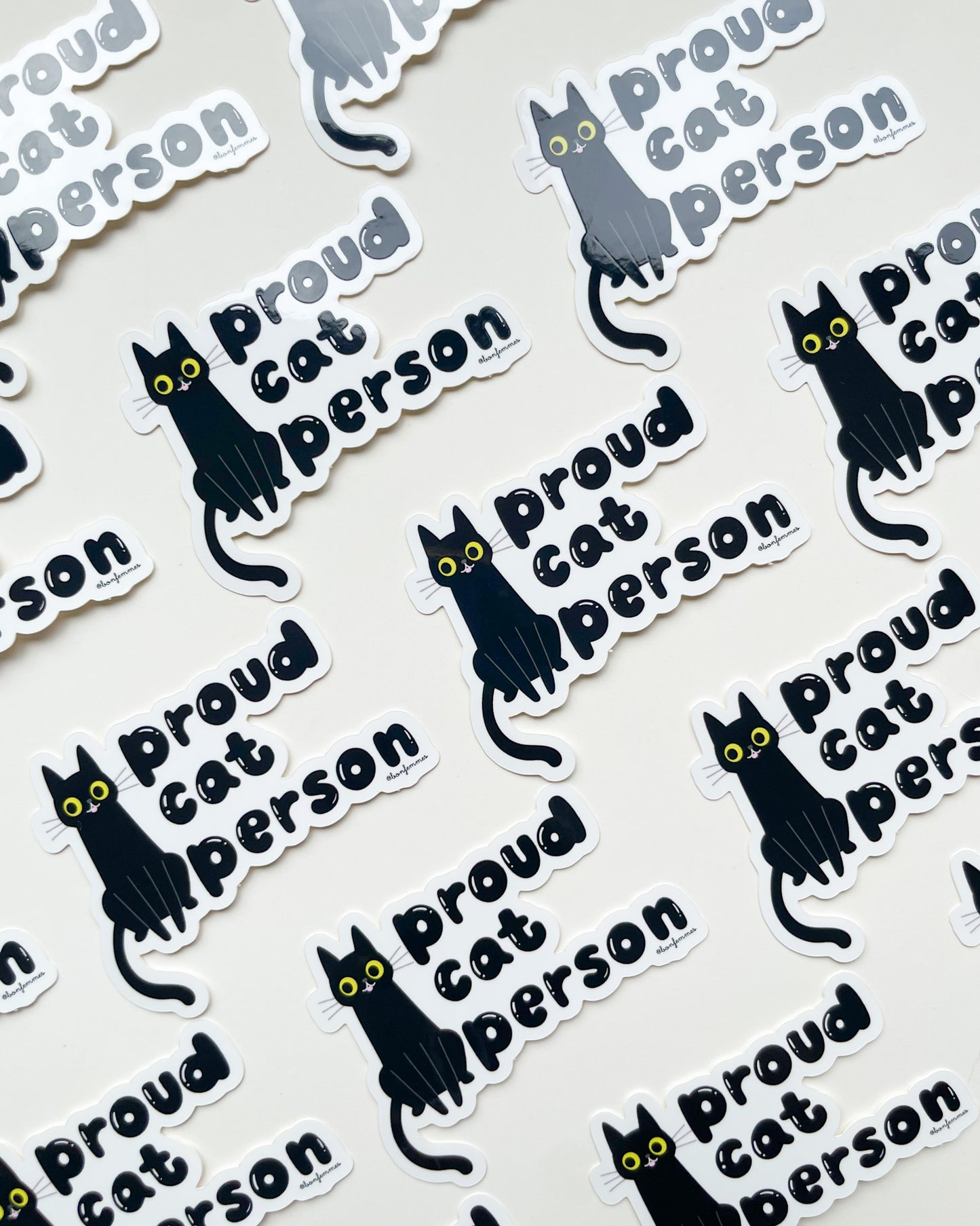 Stickers with black cat illustrations and 'proud cat person' text on a light background, Proud Cat Person Sticker bon femmes