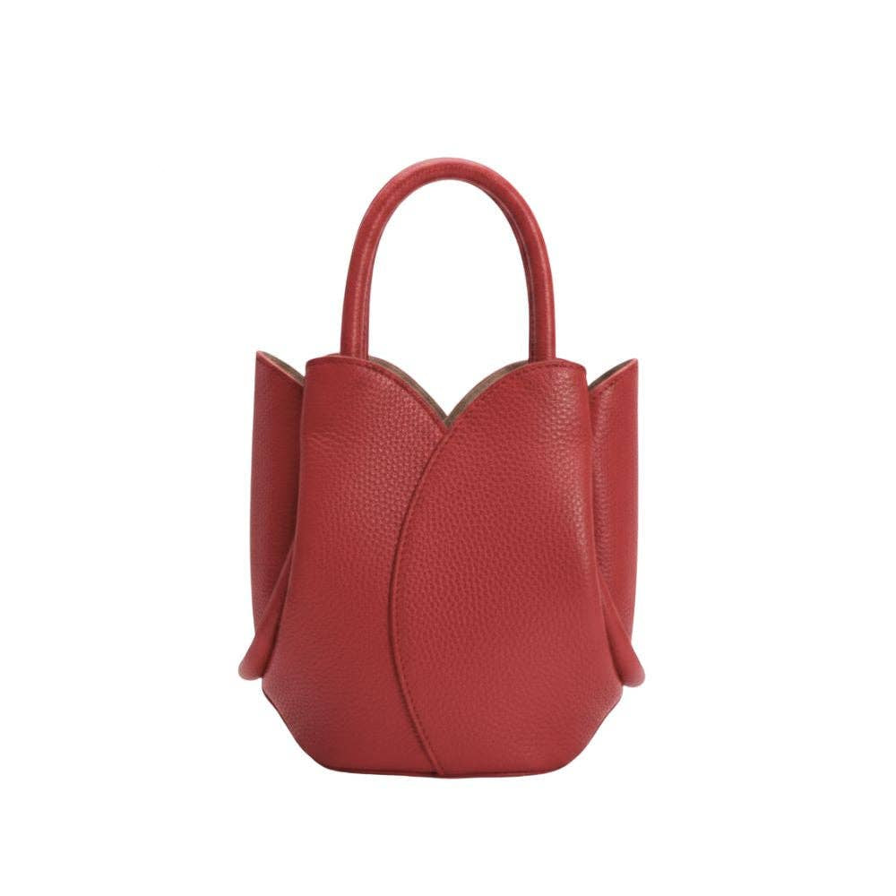 Red handbag with a unique design on a white background, Red Mini Tulip Top Handle Bag