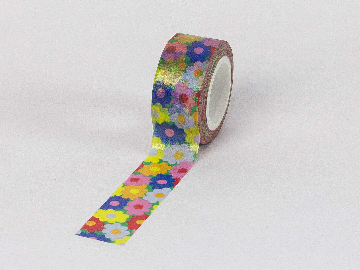 Roll of colorful floral-patterned tape on a white background