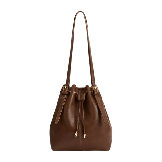 Sally Espresso Shoulder Bag - Melie Bianco, Brown leather handbag with drawstring on a white background