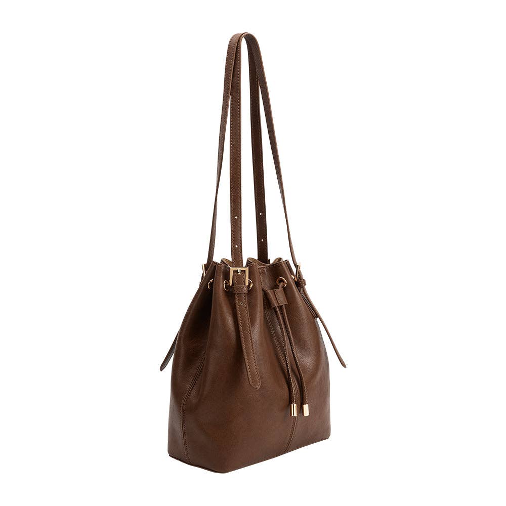 Sally Espresso Shoulder Bag - Melie Bianco, Brown leather handbag with drawstring on a white background