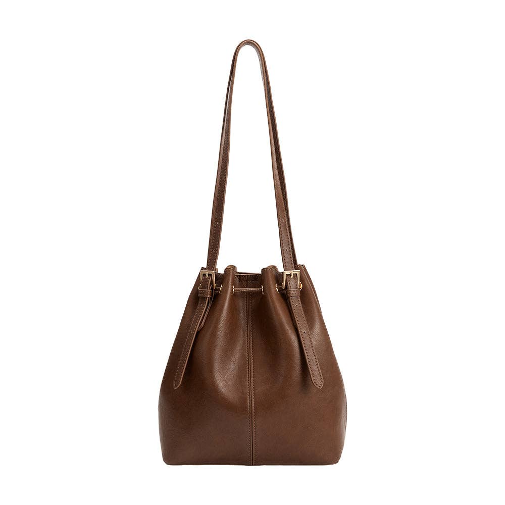 Sally Espresso Shoulder Bag - Melie Bianco Brown leather handbag with a drawstring on a white background