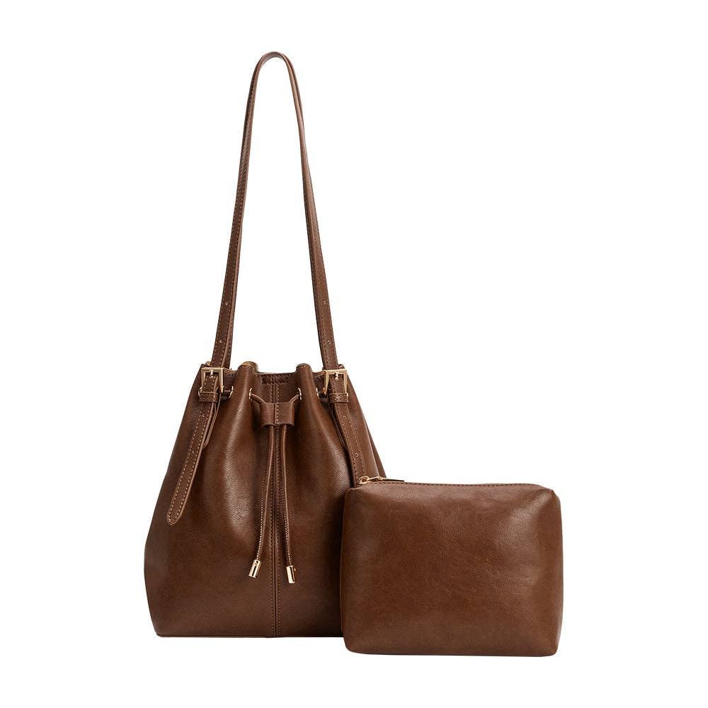 Sally Espresso Shoulder Bag - Melie Bianco, Brown leather handbag with matching pouch on a white background
