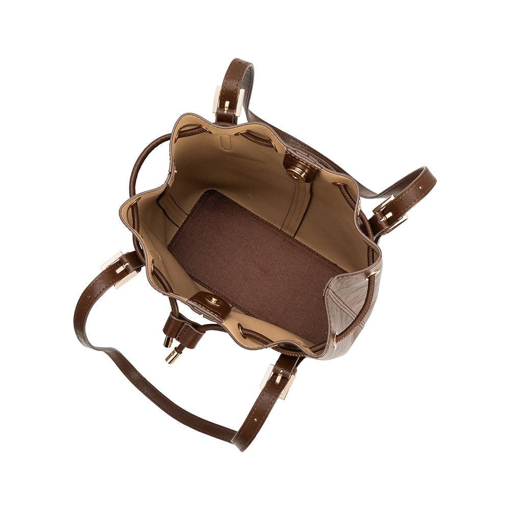 Sally Espresso Shoulder Bag - Melie Bianco, Brown leather bag on a white background
