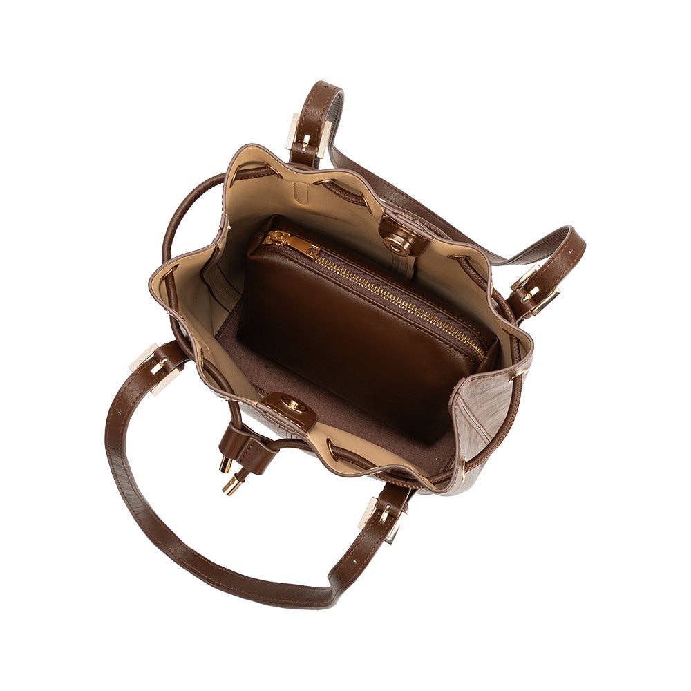 Sally Espresso Shoulder Bag - Melie Bianco, Brown leather handbag with gold accents on a white background