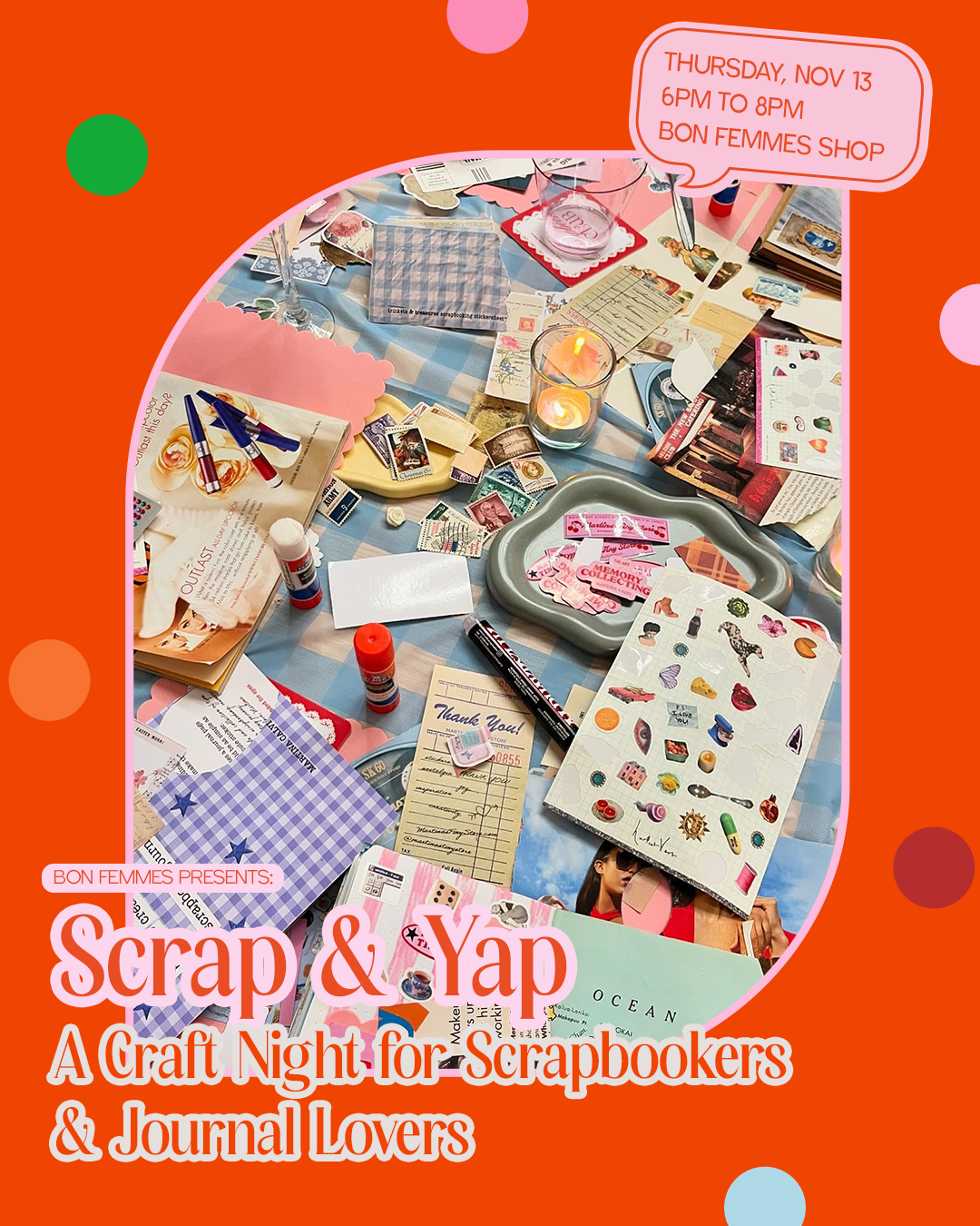 Promotional flyer for a craft night event with scrapbooking materials on an orange background.