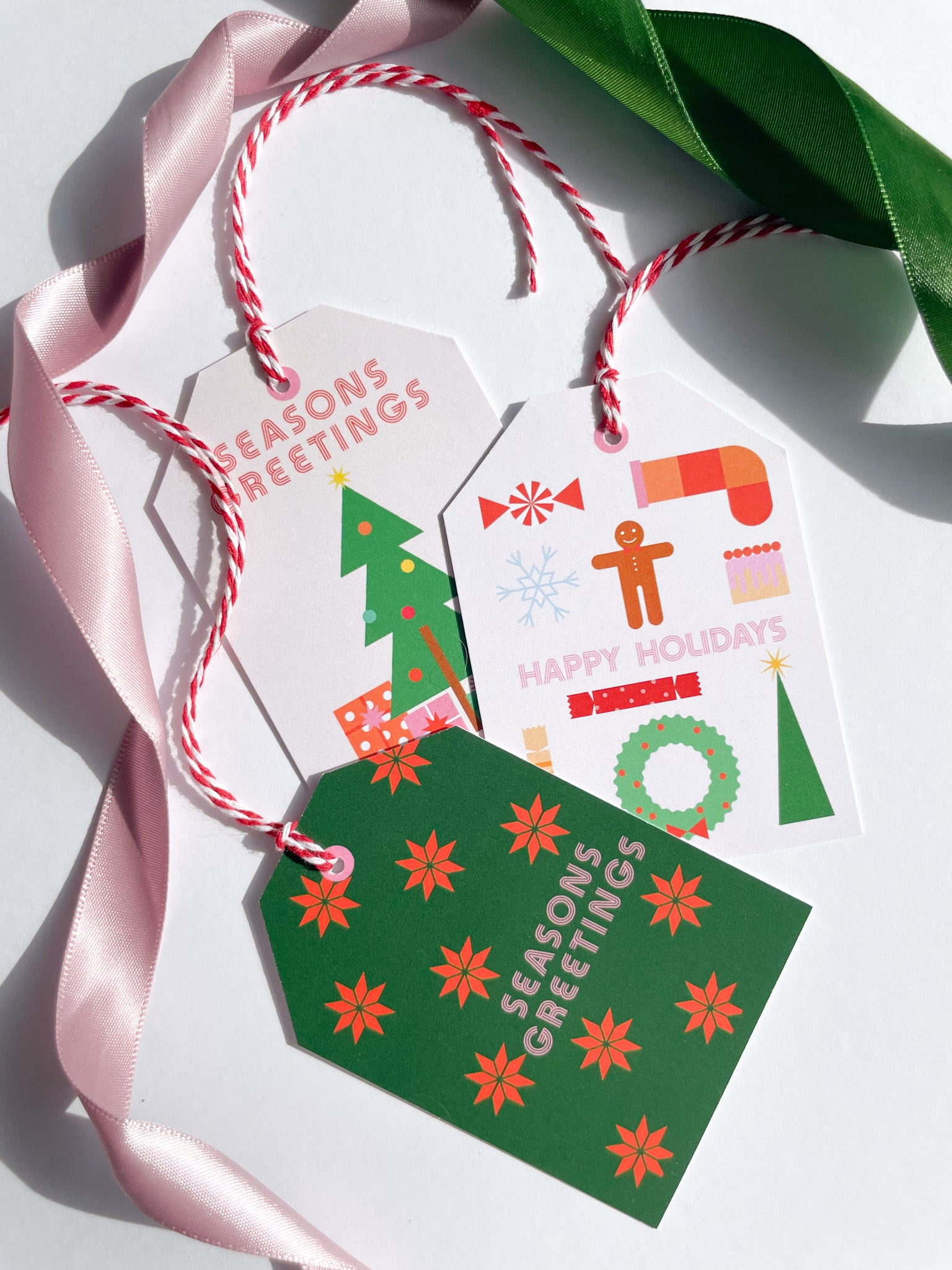 Set of Christmas-themed gift tags with ribbons on a white background, Seasons Greetings Gift Tag Set of 6