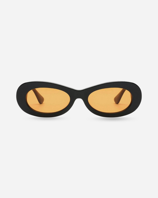 Black cat-eye SoHo sunglasses with yellow lenses on a white background
