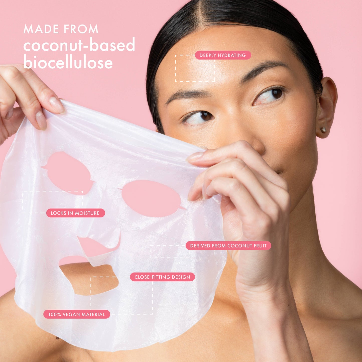 Woman holding a sheet mask with text about its ingredients and benefits on a pink background, Strawberry Coco Rosé Soothing Biocellulose Mocktail Mask