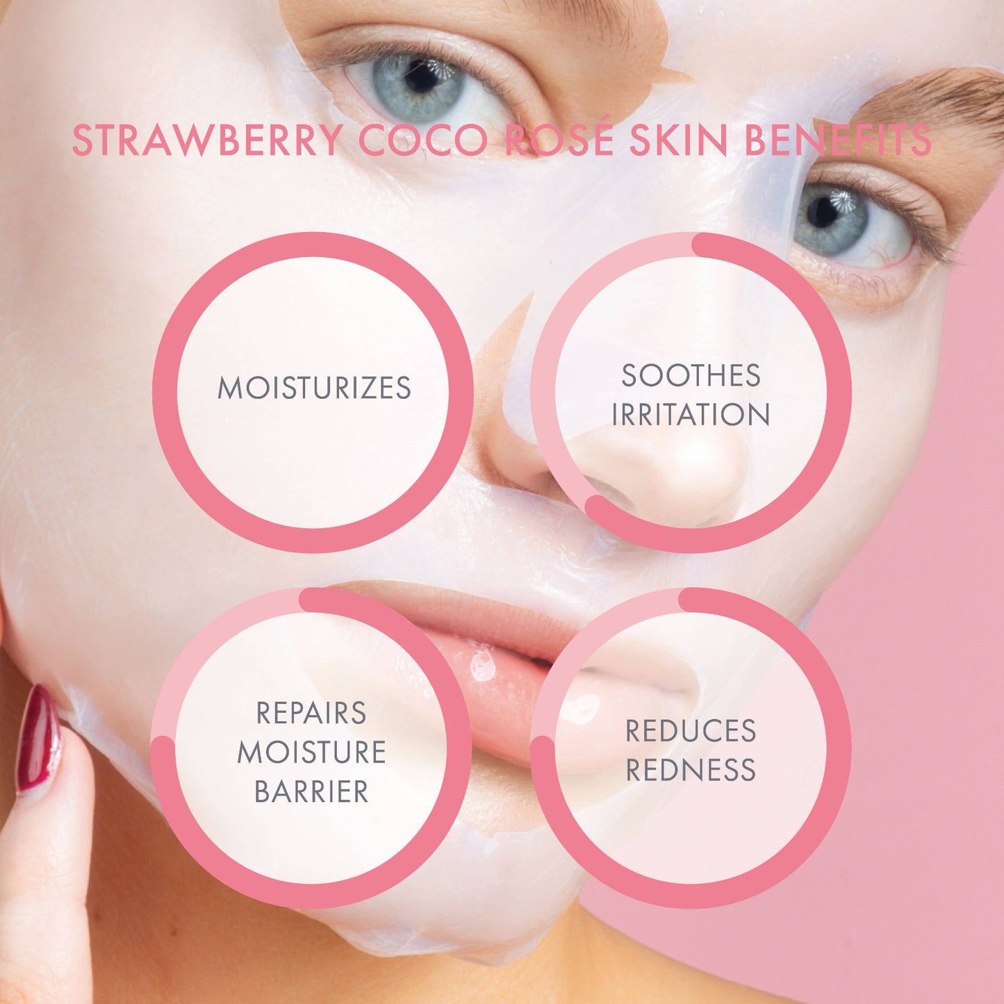 Woman wearing a pink face mask with text highlighting skin benefits on a white background, Strawberry Coco Rosé Soothing Biocellulose Mocktail Mask
