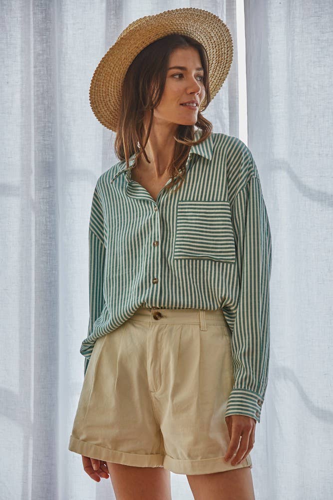 Striped GReen Cotton Button Down Shirt