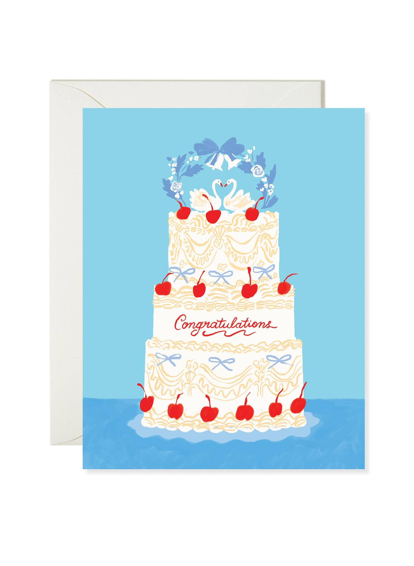 Greeting card with a wedding cake illustration and 'Congratulations' text on a blue background.