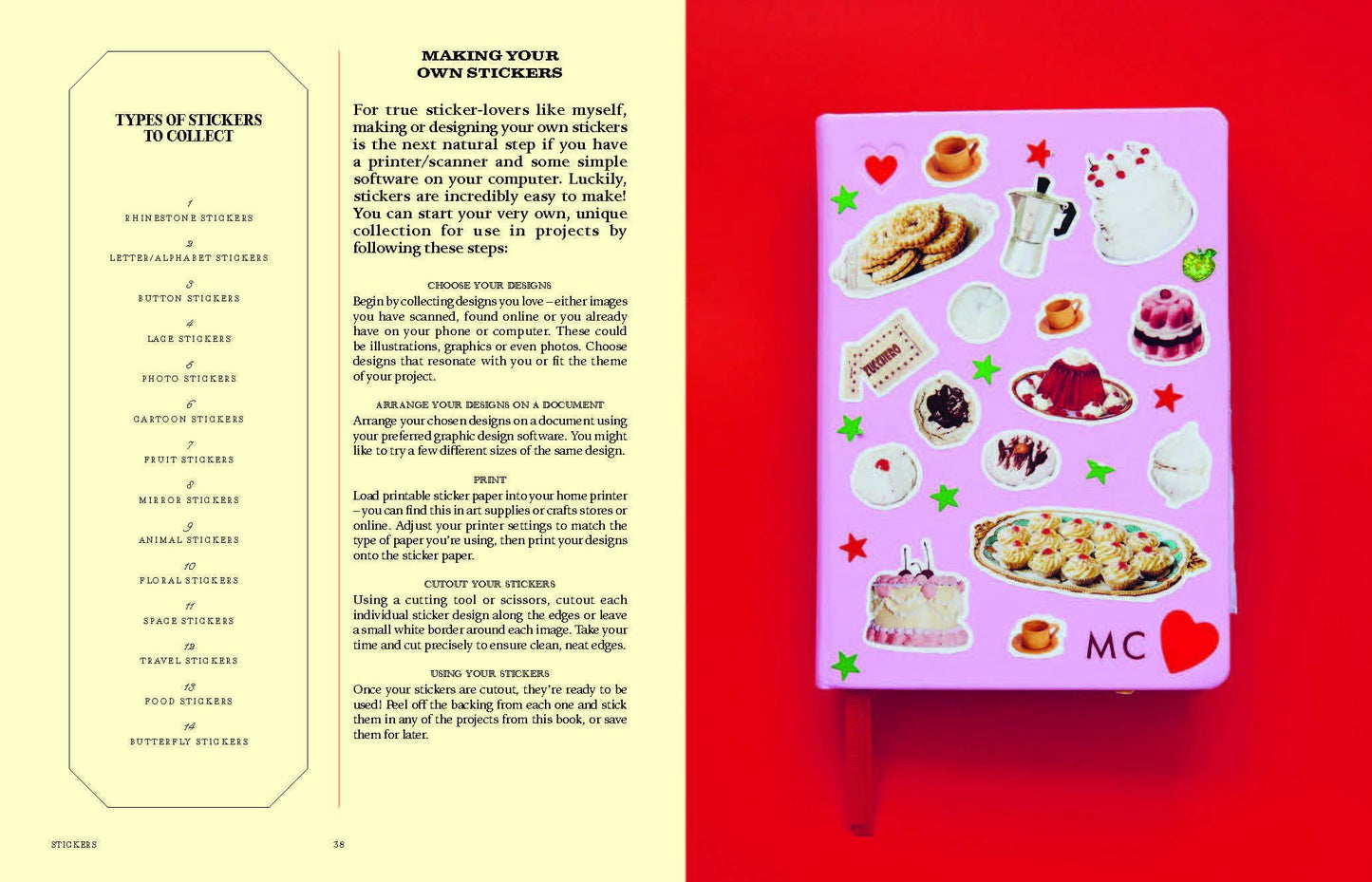 Sticker book with various stickers on a red background