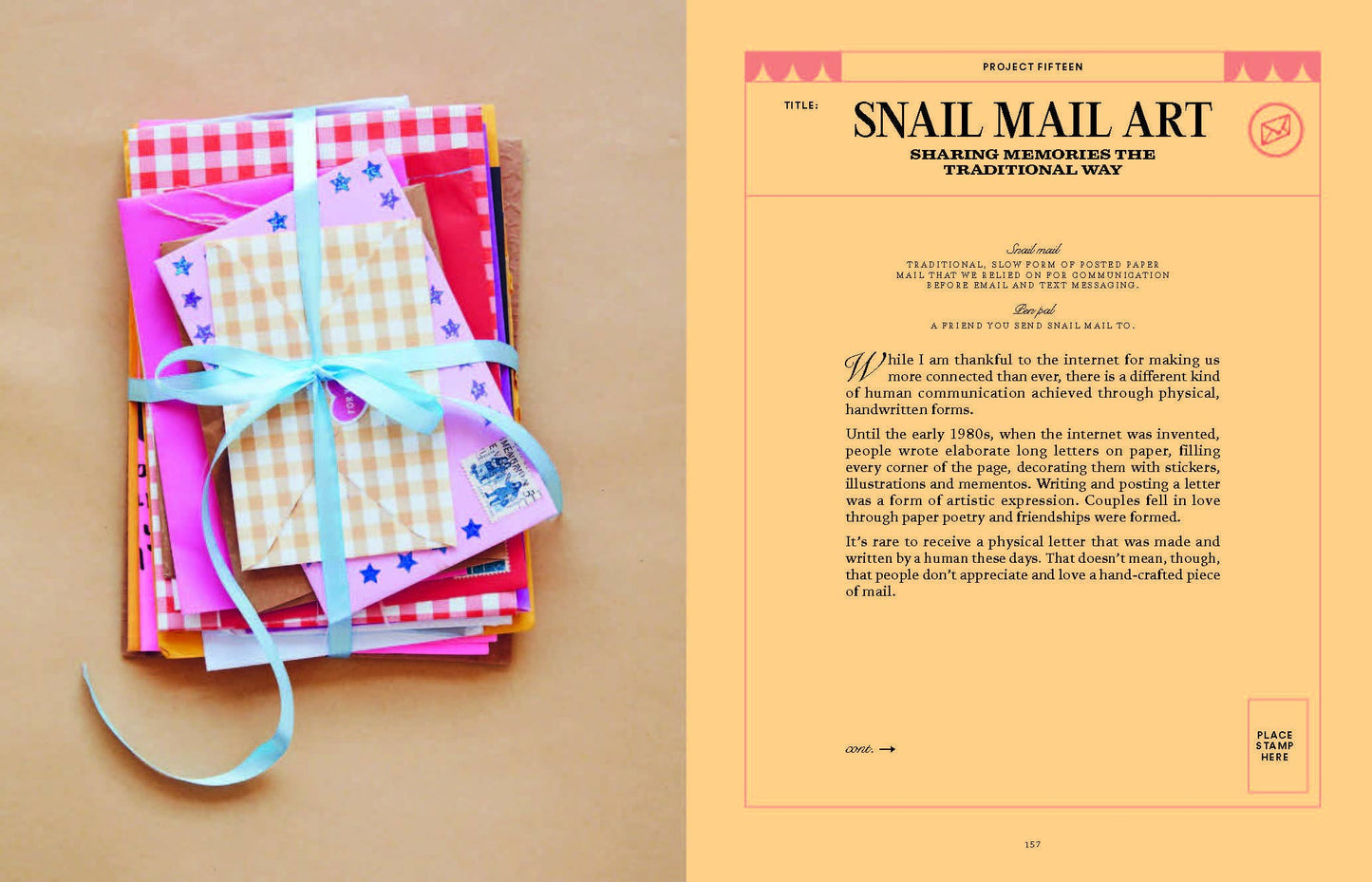 Stack of colorful envelopes tied with a ribbon on a beige background with text about snail mail art.