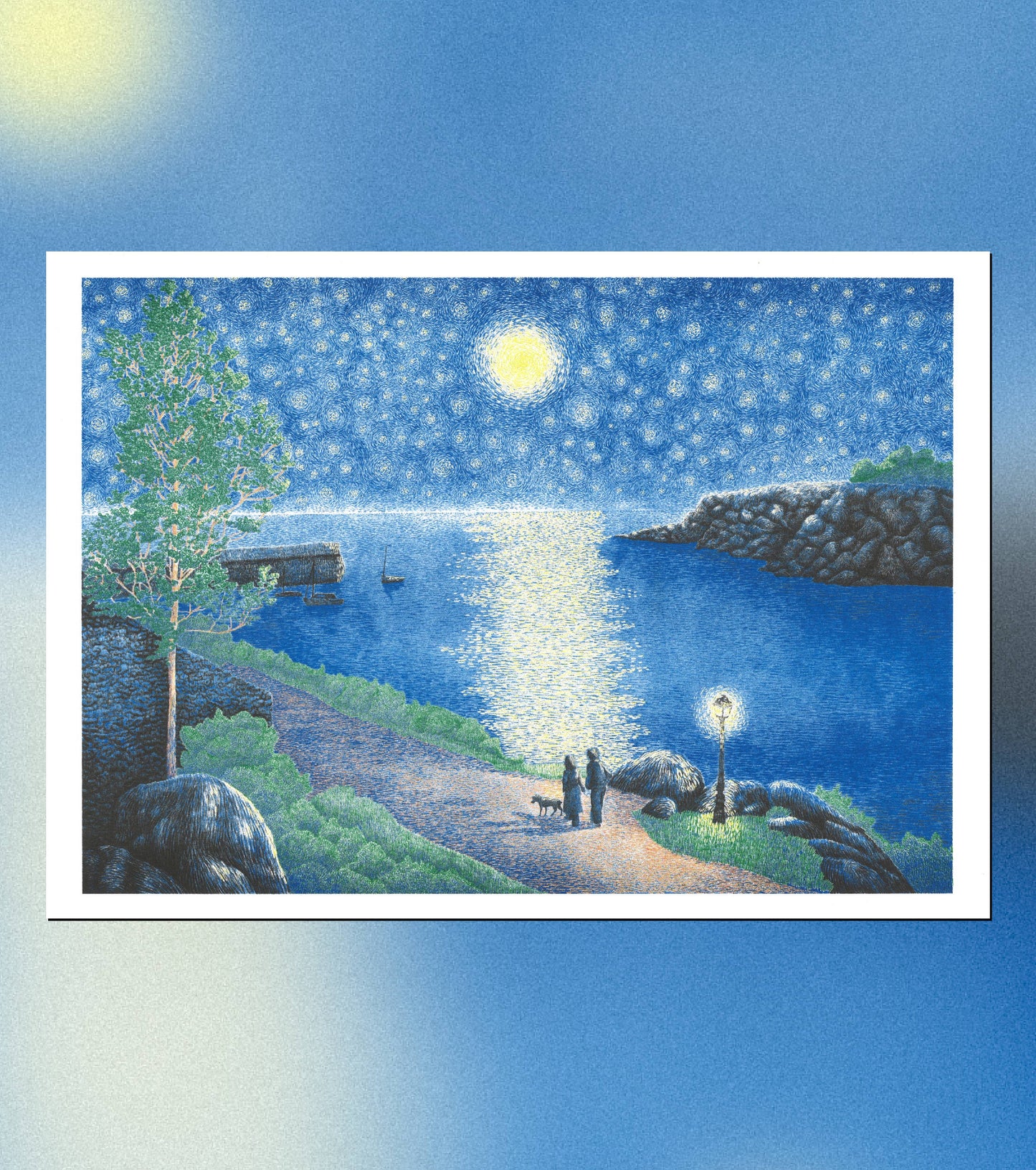 Scenic artwork of a couple walking along a path by a lake at night with stars and moon.