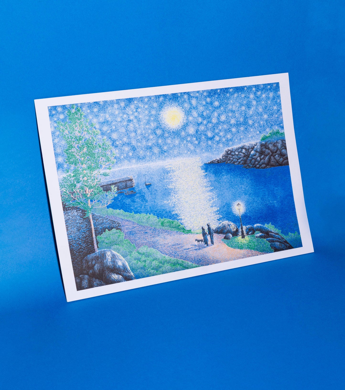 Illustration of a serene landscape with a lake, trees, and a path on a blue background, The Starry Night Manon Diemer
