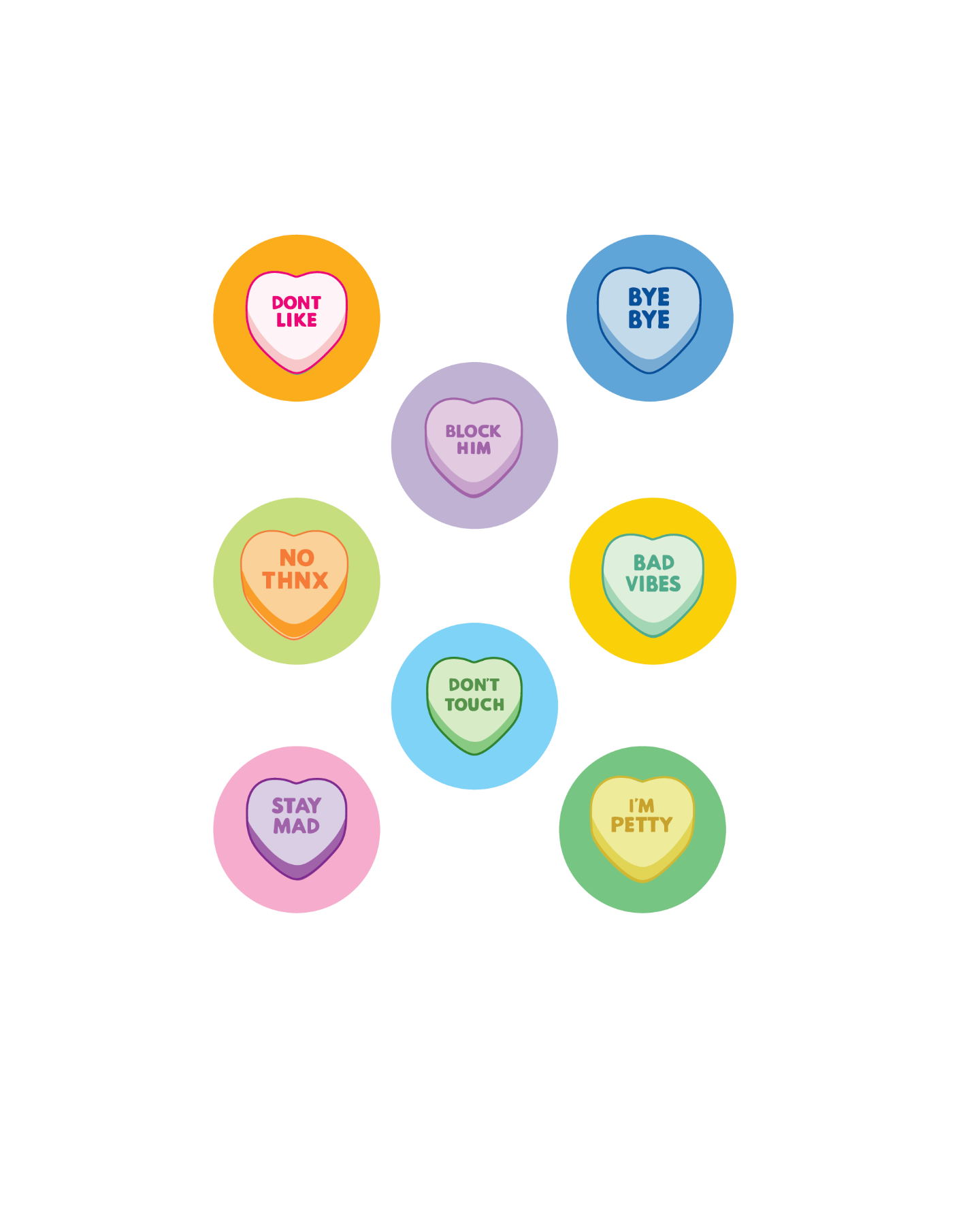 Colorful buttons with text on a white background, Unbroken Hearts Sticker Sheet