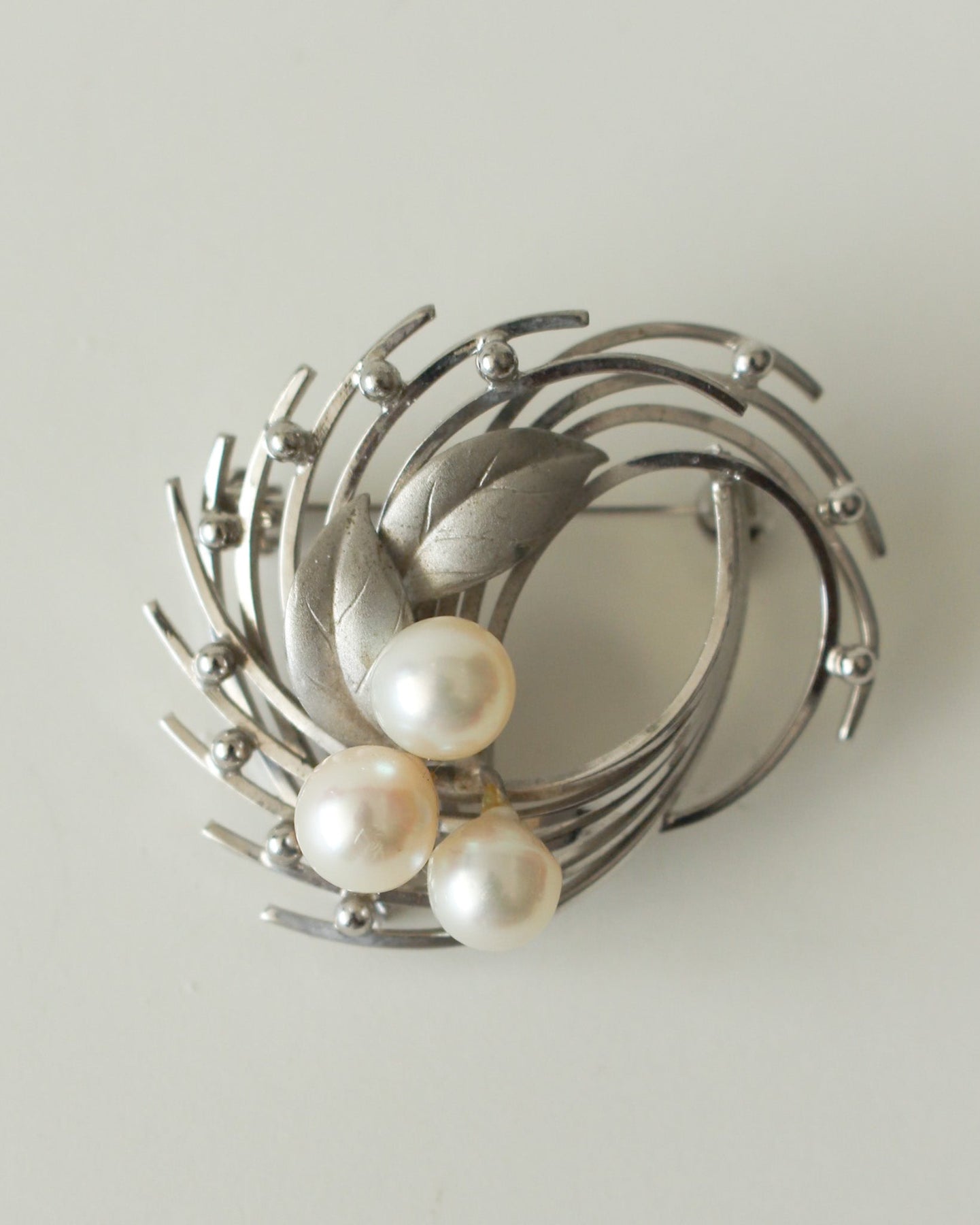 Vintage Silver Leaves and Pearls Brooch