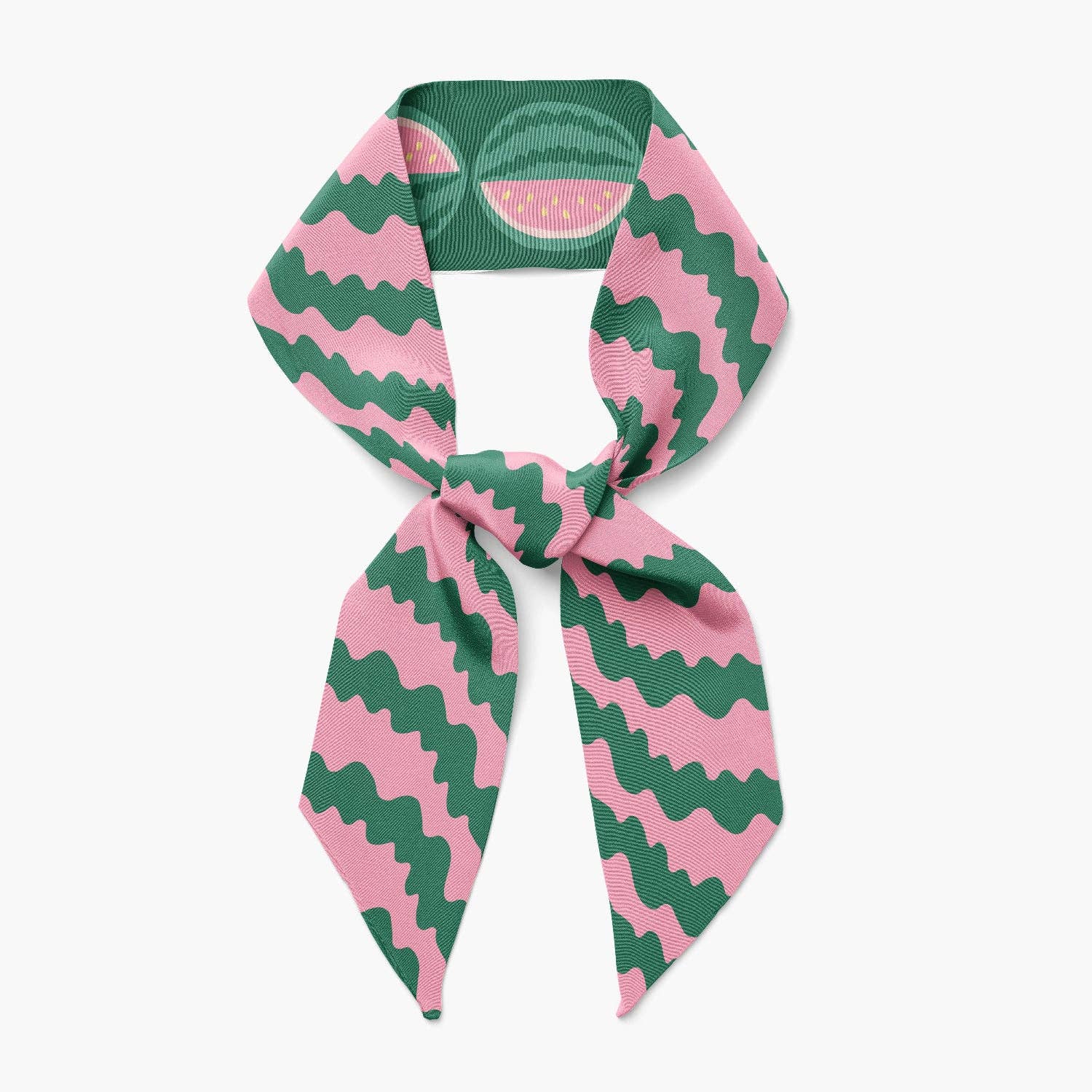 Pink and green patterned scarf on a white background, Watermelon Silk Ribbon Scarf