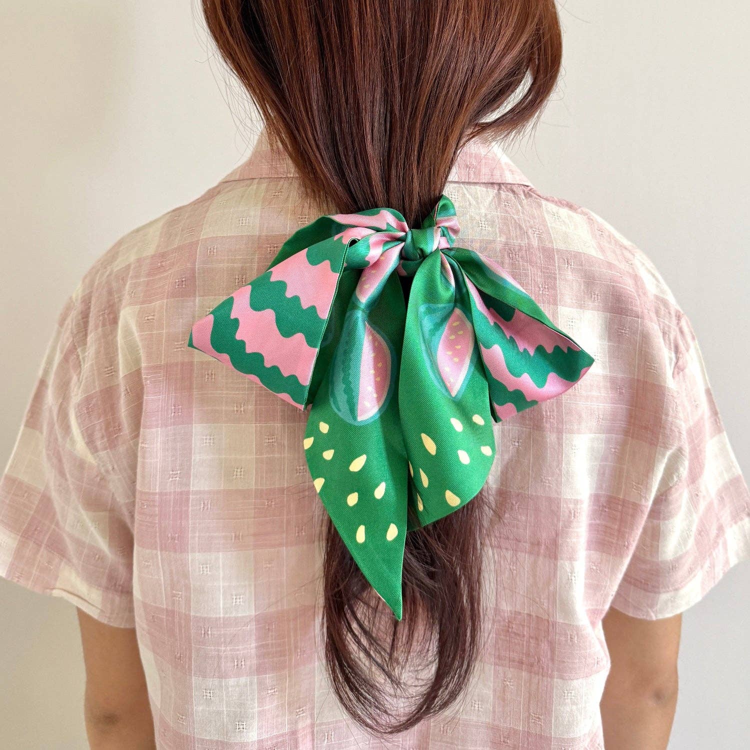 Person wearing a green and pink watermelon-themed hair scarf, Watermelon Silk Ribbon Scarf