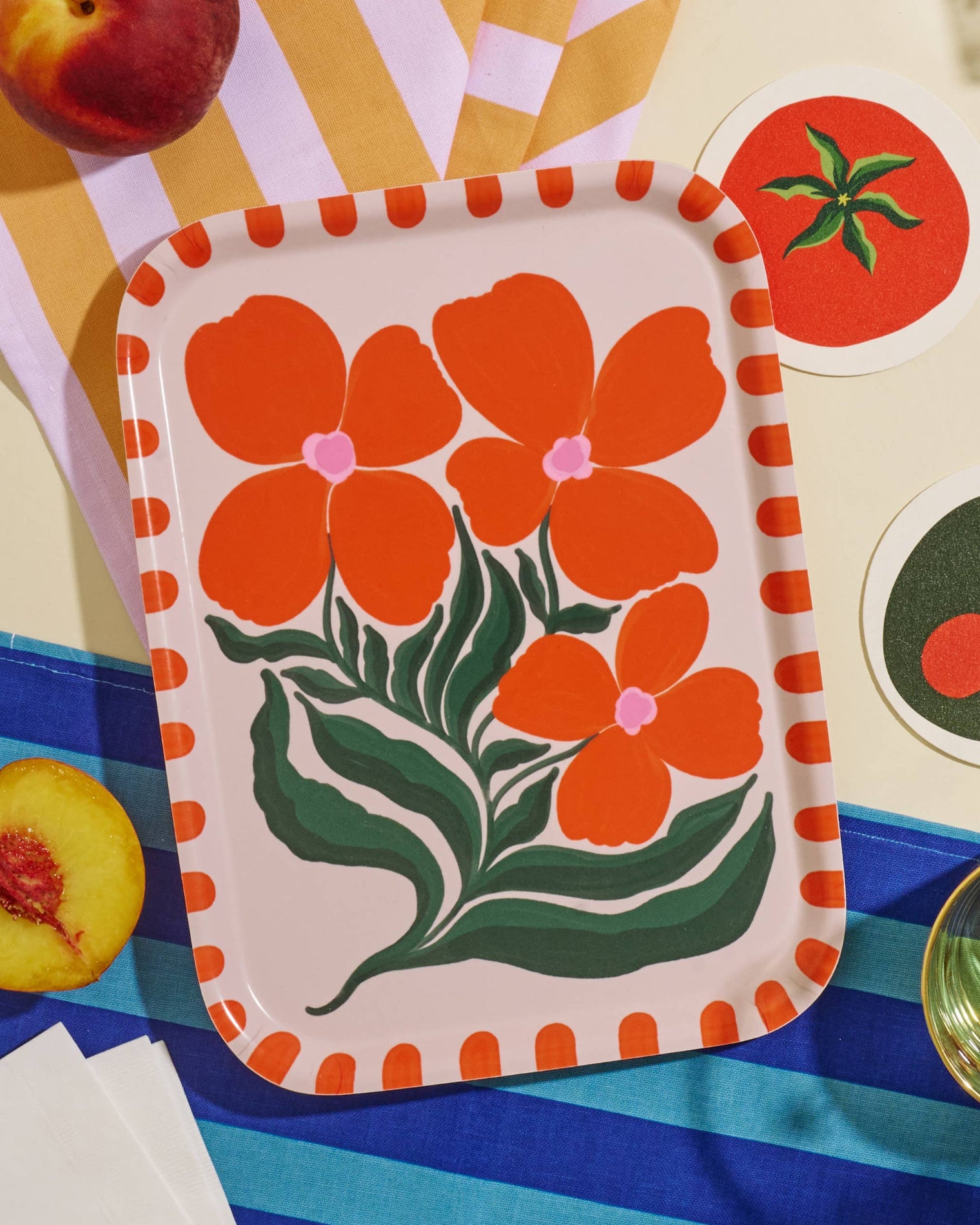 Decorative tray with orange floral design on a colorful background, Wild Flower Serving Tray One & Only Paper