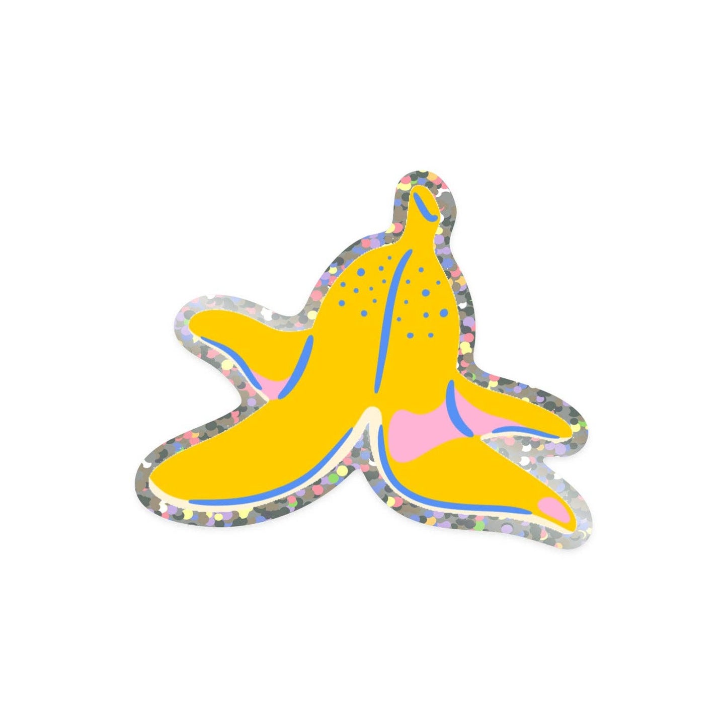 Colorful banana-shaped sticker on a white background