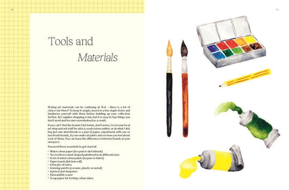 Art supplies including paintbrushes, watercolor paints, and a pencil on a yellow grid background.