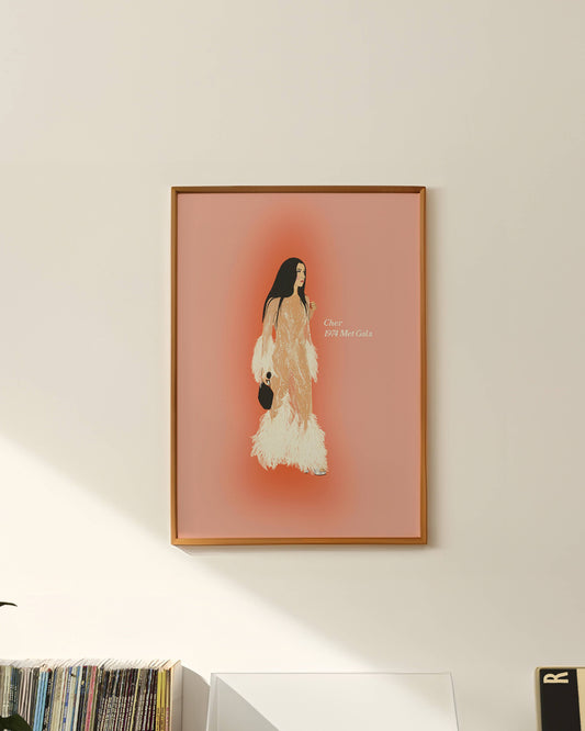 Framed artwork of cher in a flowing dress, at 1974 met gala