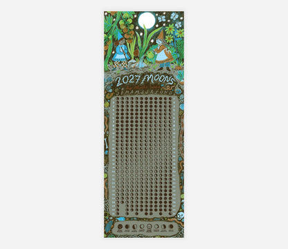 A vertical decorative lunar calendar with a large grid of the moons in the center and an illustrated border featuring trees, flowers, figures, and the text '2027 MOONS' by Phoebe Wahl'.