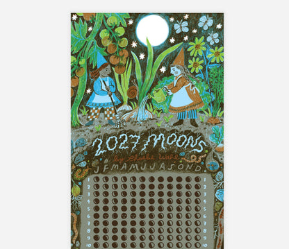 A decorative calendar titled '2027 Moons' by Phoebe Wahl, featuring whimsical folk-art illustrations of two garden gnomes under a full moon, with a numbered grid at the bottom.