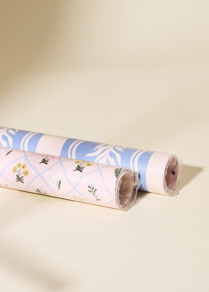 Floral Trellis and Blue Vine Stripe Double Sided Gift Wrap Set