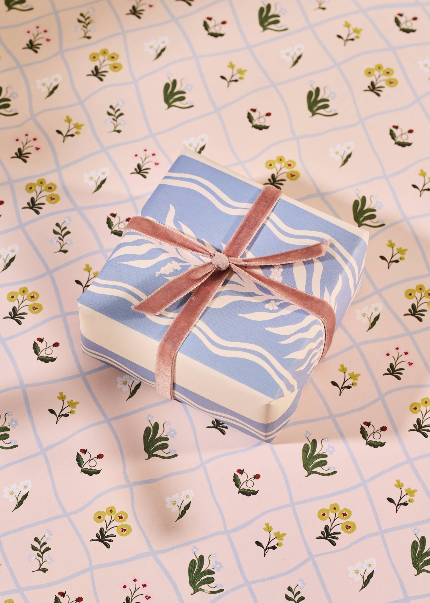 Floral Trellis and Blue Vine Stripe Double Sided Gift Wrap Set