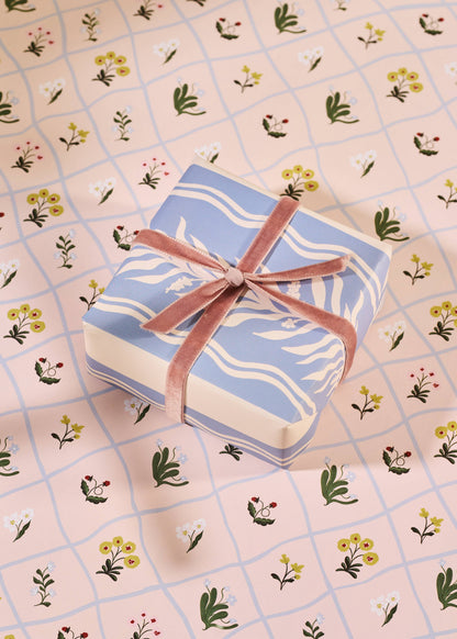 Floral Trellis and Blue Vine Stripe Double Sided Gift Wrap Set