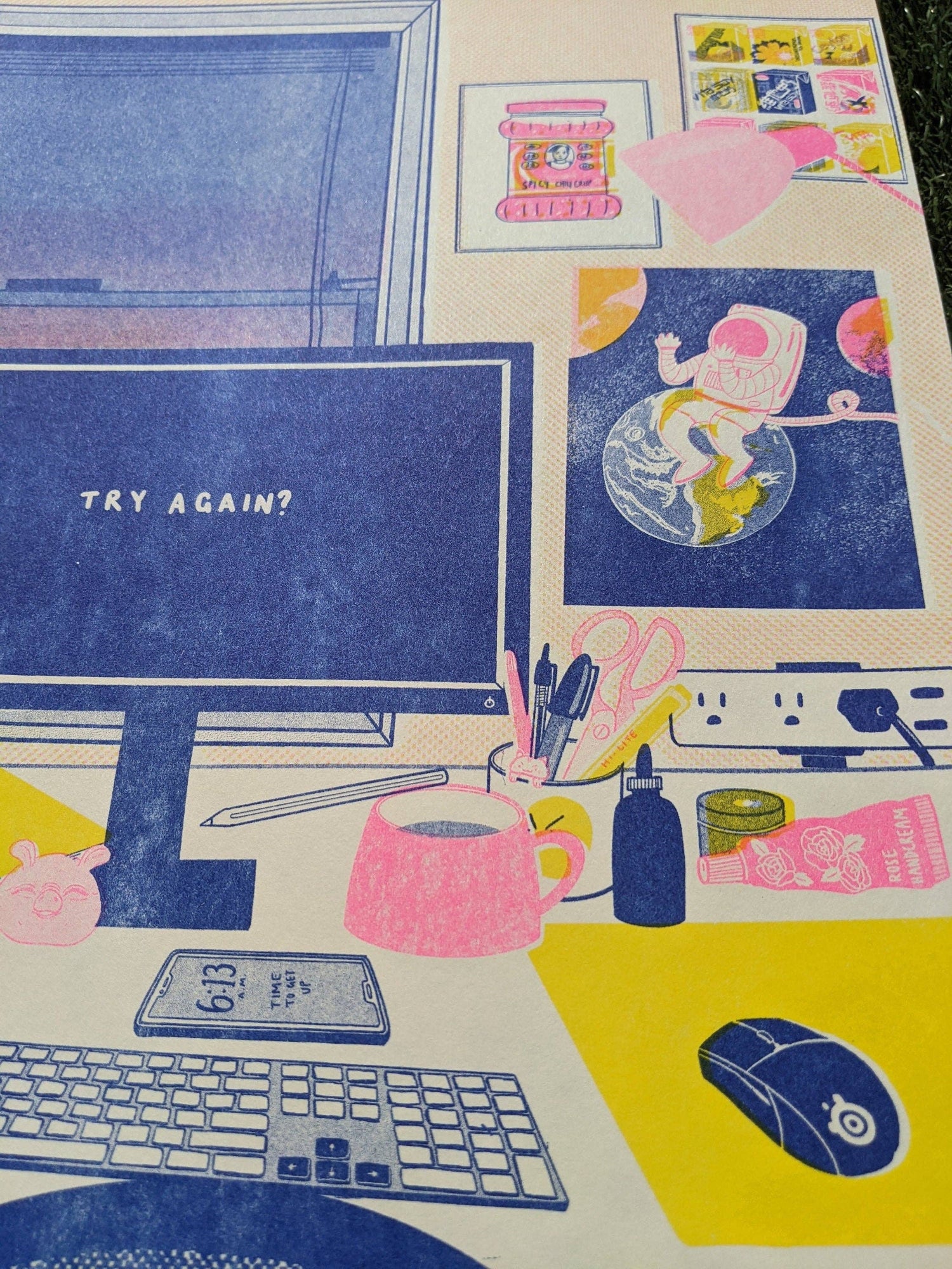 Illustrated office desk scene with computer, mug, and stationery items on a colorful background.