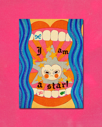 Colorful artwork with text and abstract designs on a pink background