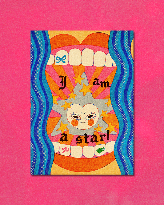 Colorful artwork with text and abstract designs on a pink background