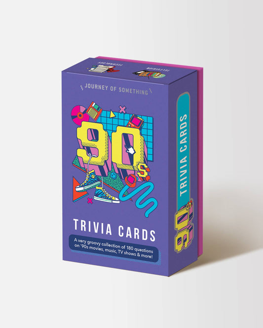 Box of 90s trivia cards with colorful design on a white background